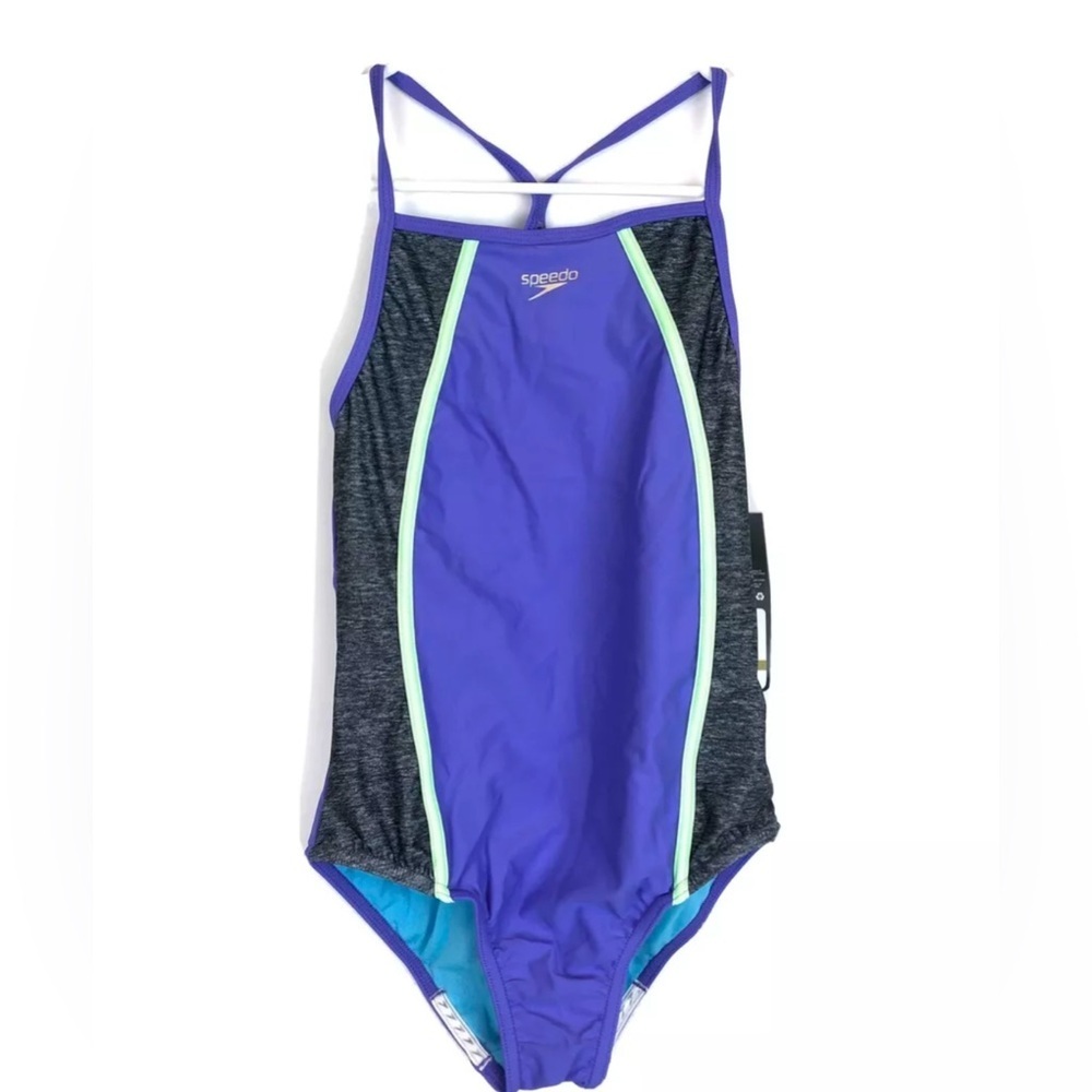 Speedo, Girl’s Thin Strap One Piece Swimsuit, Purple/Grey, Size 14